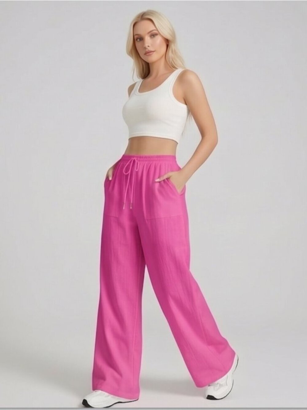 100% Cotton Drawstring Waist Wide Leg Pants Hot Pink